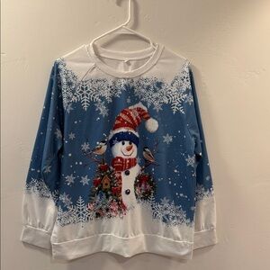 Blue and White Snowman Bird Snowflake Light Shirt Sweater Size Large Loose Fit